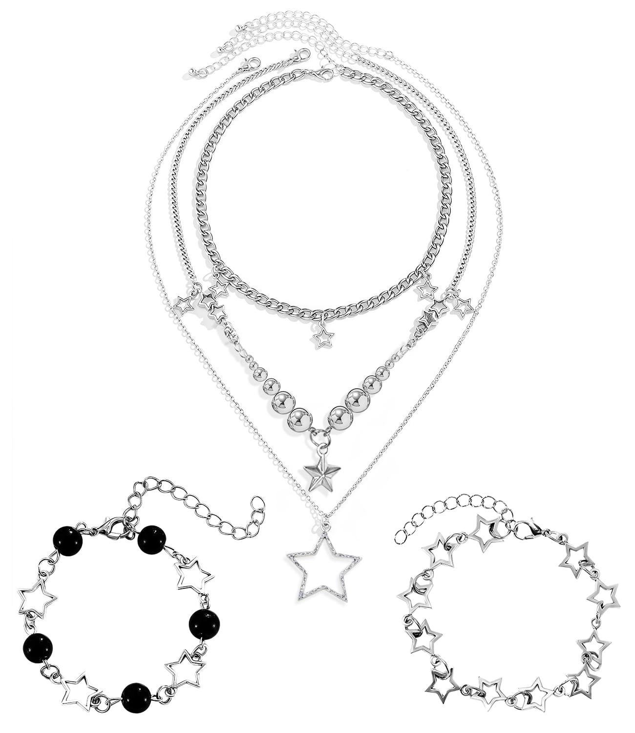 Molirex 12 Pcs Y2k Necklace Stack Layered Silver Jewelry Set Star