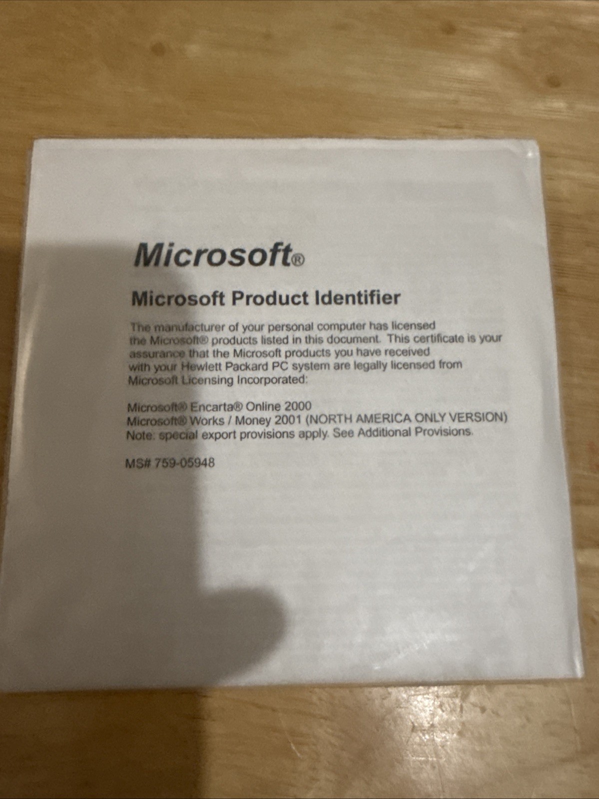 Microsoft Works 6.0 with Money 2001 OEM CD-ROM w/ Product Key Sleeve Disc