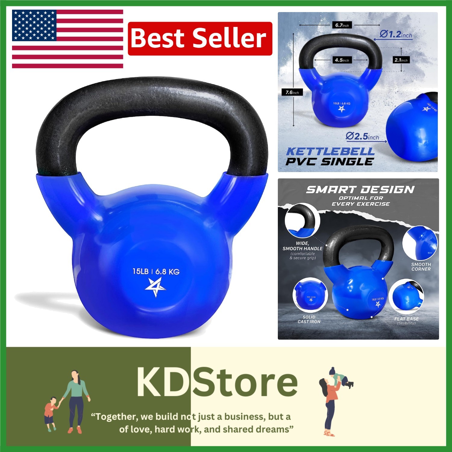 15 LB Vinyl Coated Kettlebell for Full Body Strength Training - Compact Design
