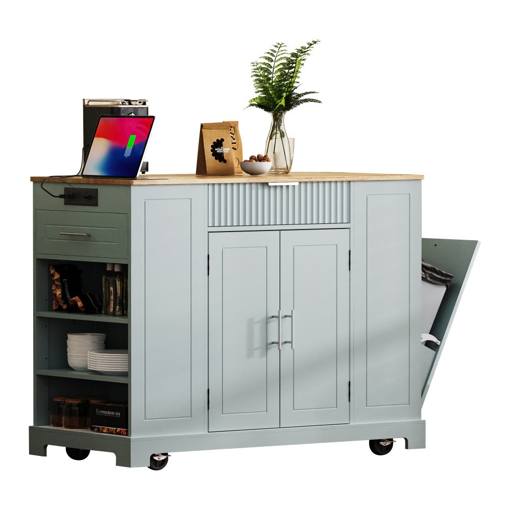 K&K Fluted Kitchen Island with Trash Can Storage Cabinet, Power Outlet