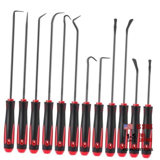 12 PCS Hook and Pick Tool Set with Non-Slip Grip, Pick Set Mechanic, Black/Red