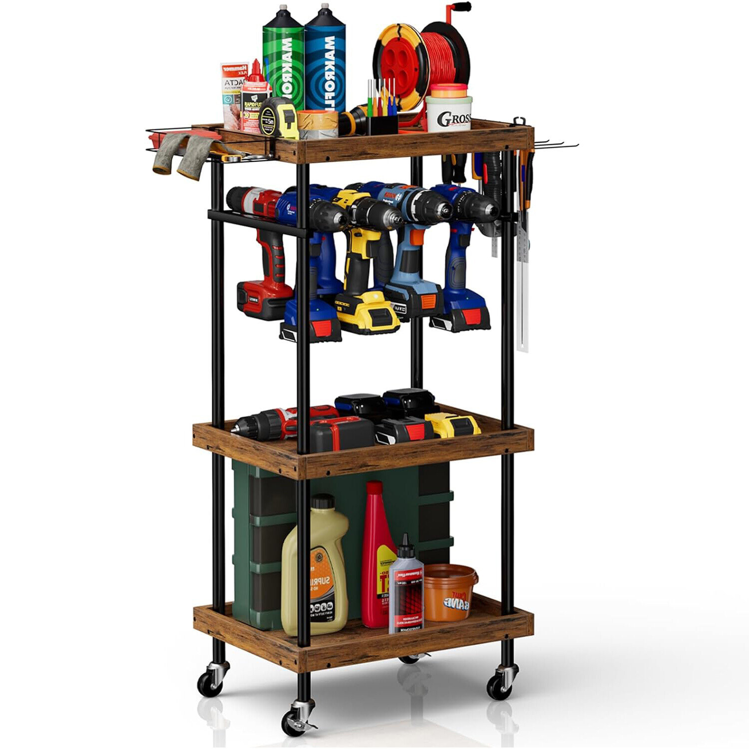 Heavy Duty Rolling Power Tool Organizer Cart on Wheels w/Drill Holder Rack Shelf