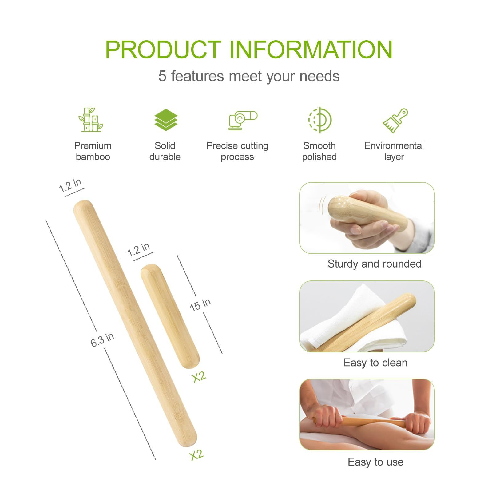 4PCS Solid Bamboo Massage Sticks & Guasha Set with Roller/Stick - Natural