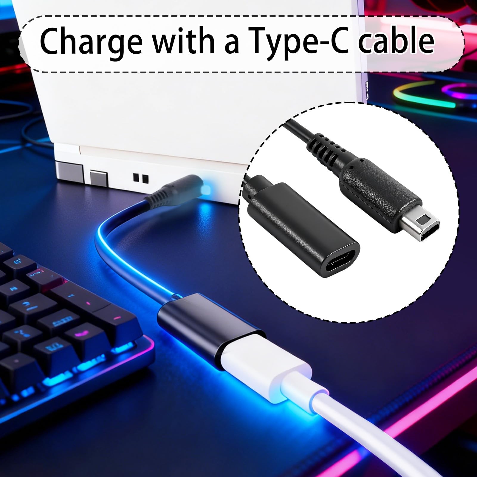 BTFO 2pcs USB Type-C to 3DS Charging Cable Adapter, Black, 17.5cm
