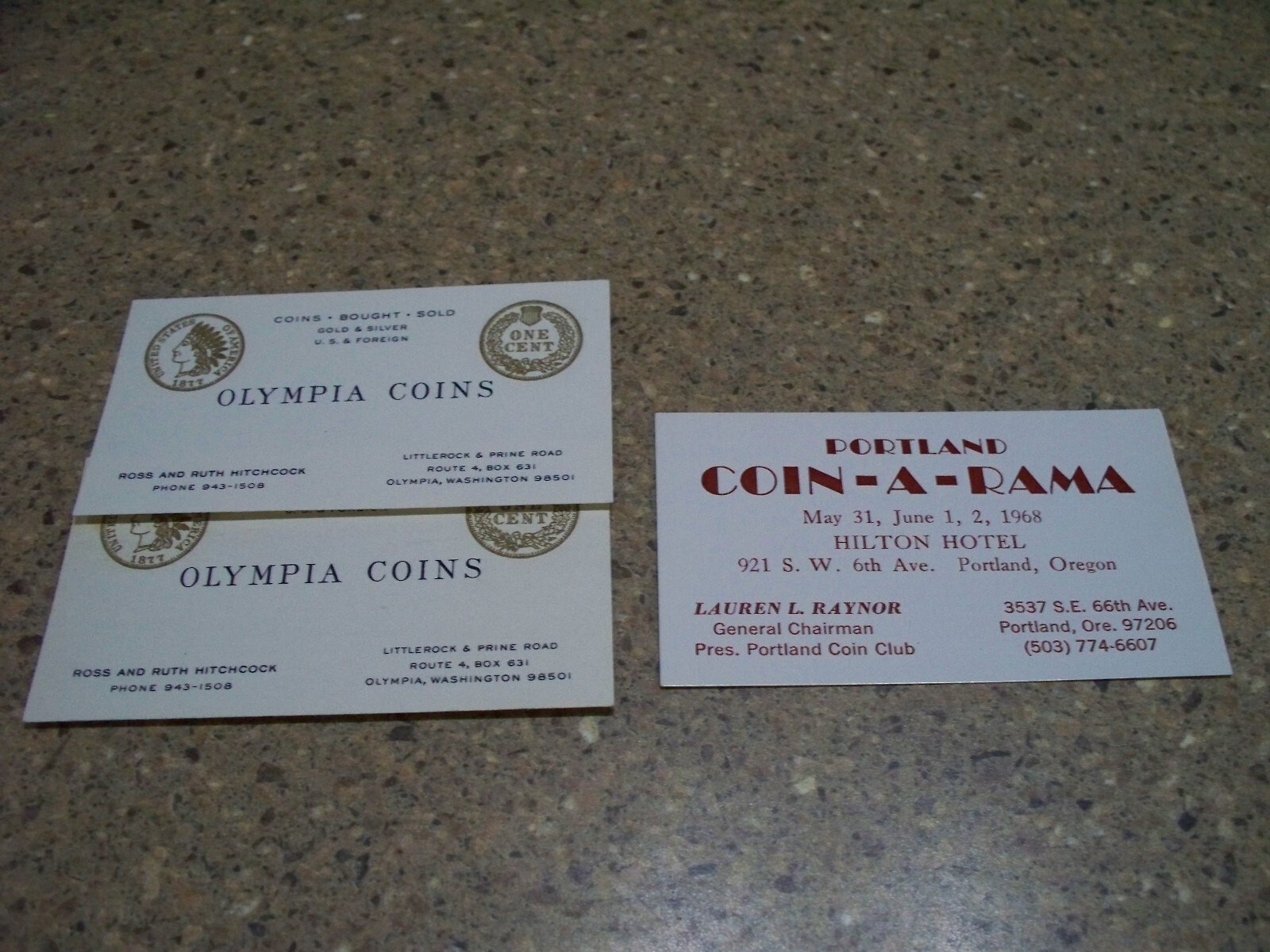 1960s OLYMPIA COINS, OREGON & COIN-A-RAMA, PORTLAND OR. BUSINESS CARD LOT