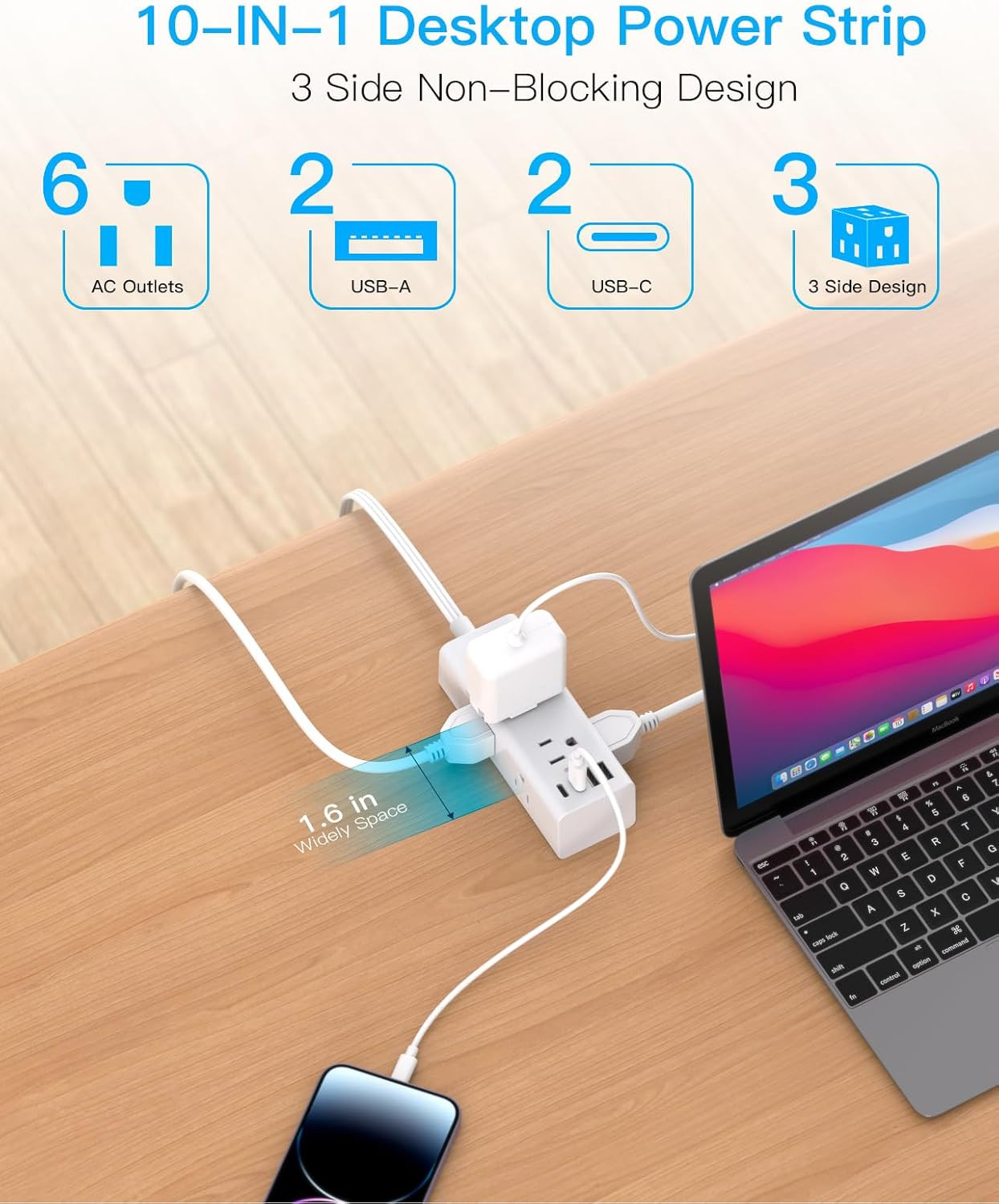 15Ft Extension Cord with Multiple Outlets, Flat Plug Power Strip Surge Protector