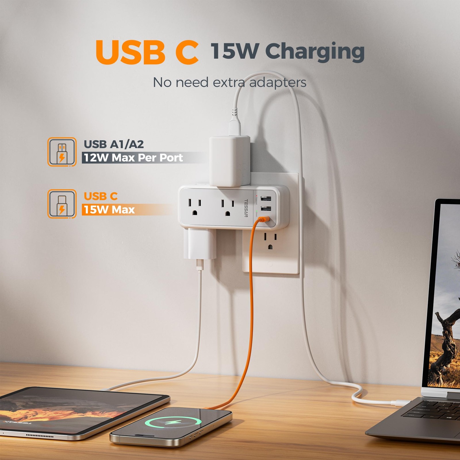 Multi Plug Wall Outlet Splitter with 360 Rotating 6 Outlets (USB-C), Grey
