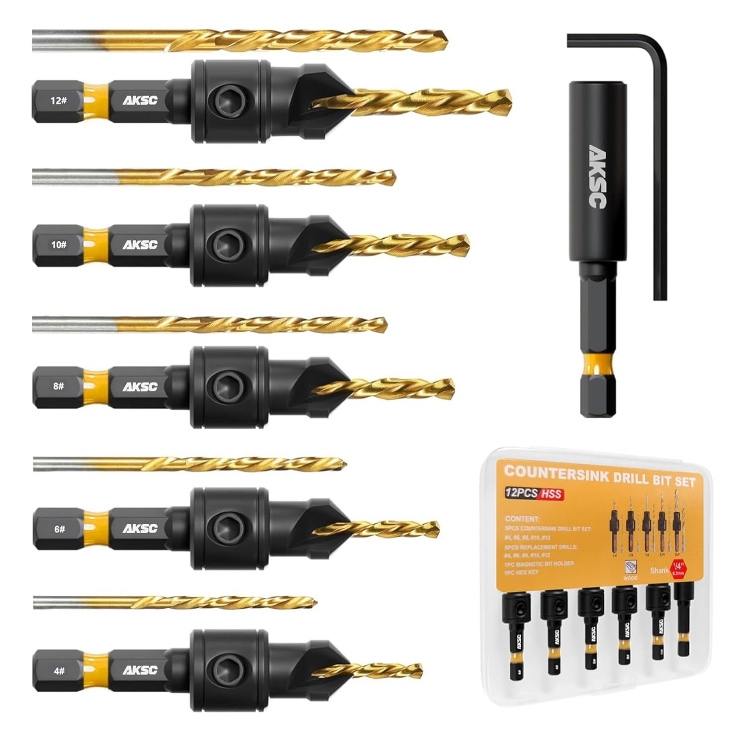 12 x 1/4" Hex Shank Countersink Drill Bits Set–M42 Cobalt,Dual-Edge Tapered Bits