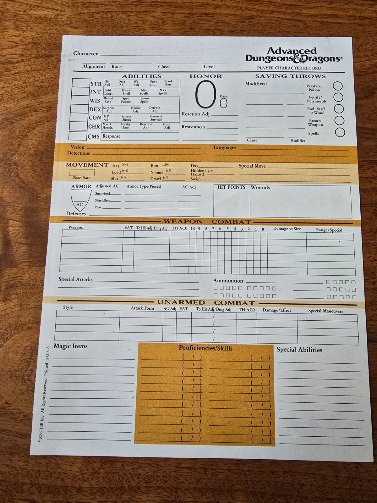 AD&D 1st Edition REF2 Player Character Record Sheet Singles TSR