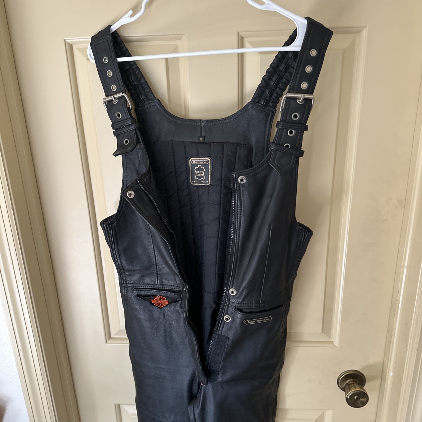 Vtg Hein Gericke Leather Motorcycle Bib Overalls Harley Davidson Patch Size 10