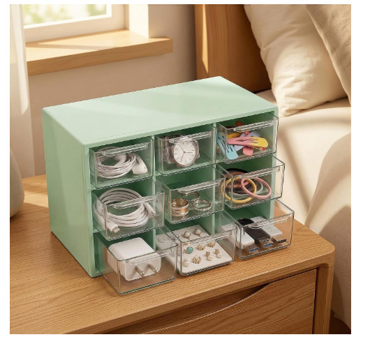 Jewelry Organizer Box, 9-Compartment Desktop Storage Box with Drawers, Multi-PUR