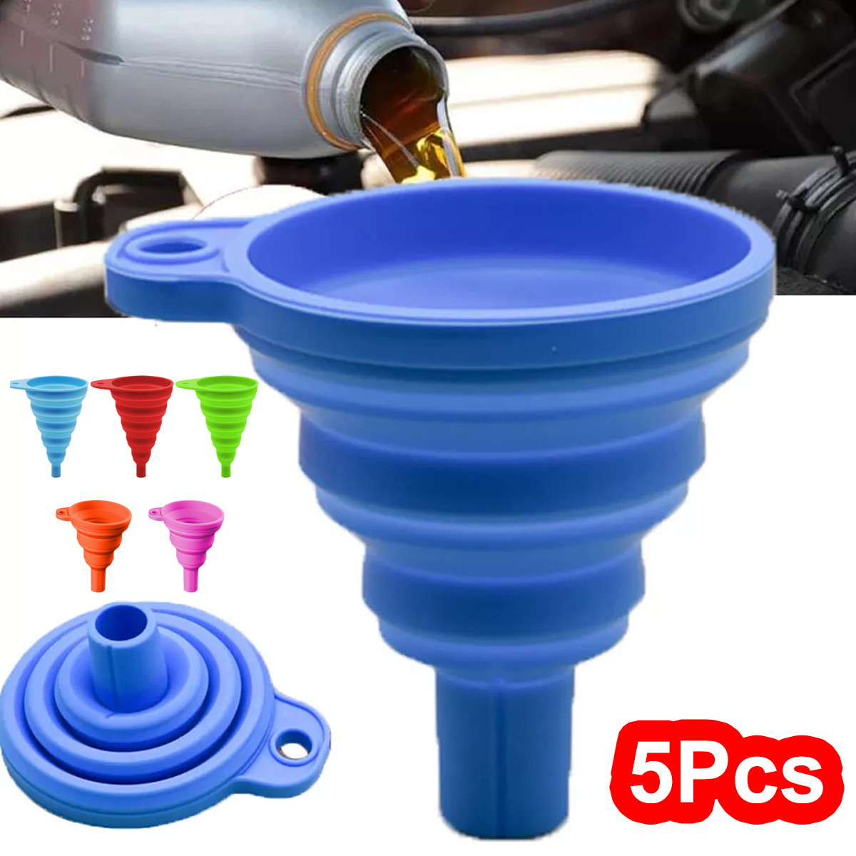 5x Silicone Car Funnel Collapsible Foldable Space Saving Engine Oil Filler Fluid