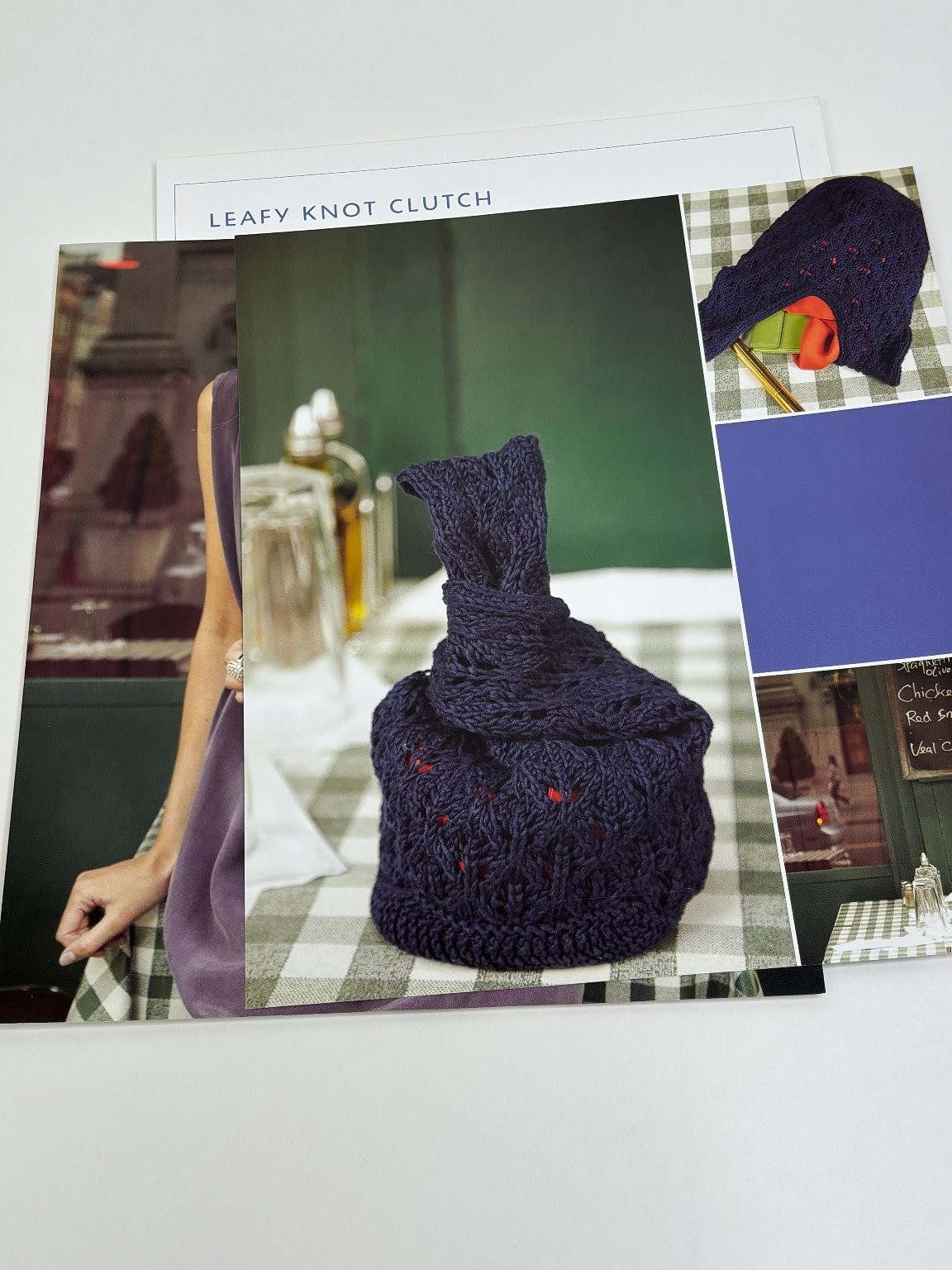Leafy Knot Clutch Knitting Pattern Cotton DK Yarn Book Pages