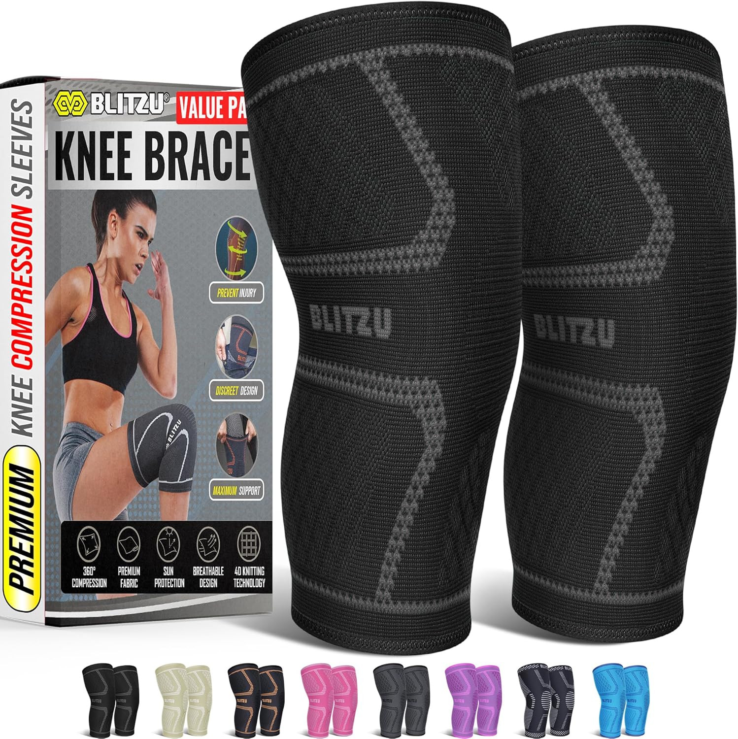 Knee Brace for Meniscus Tear 2 Pack, Knee Compression Sleeve for Men and Women,