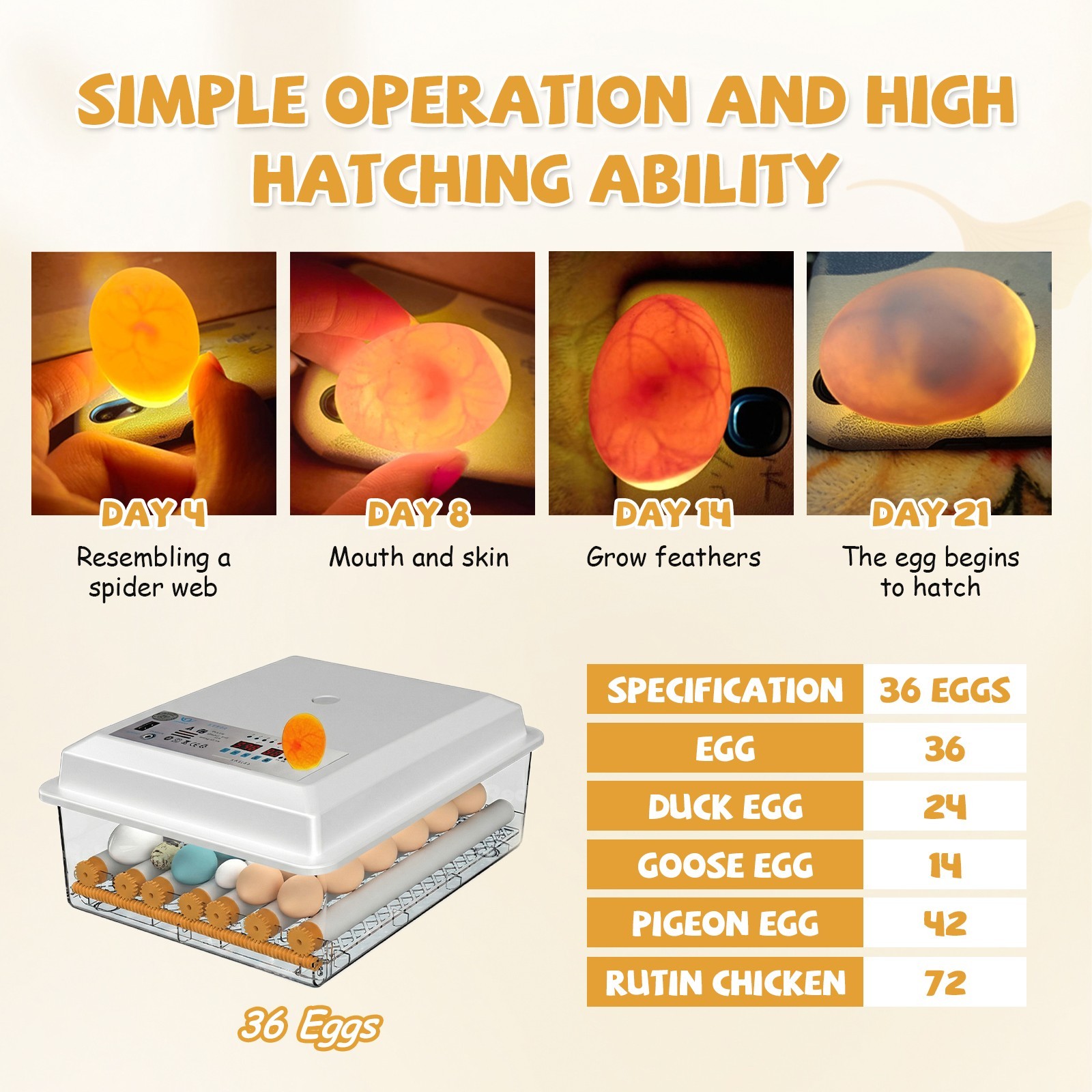 36 Eggs Incubator Digital Hatcher Temperature Control Fully Automatic Turning US