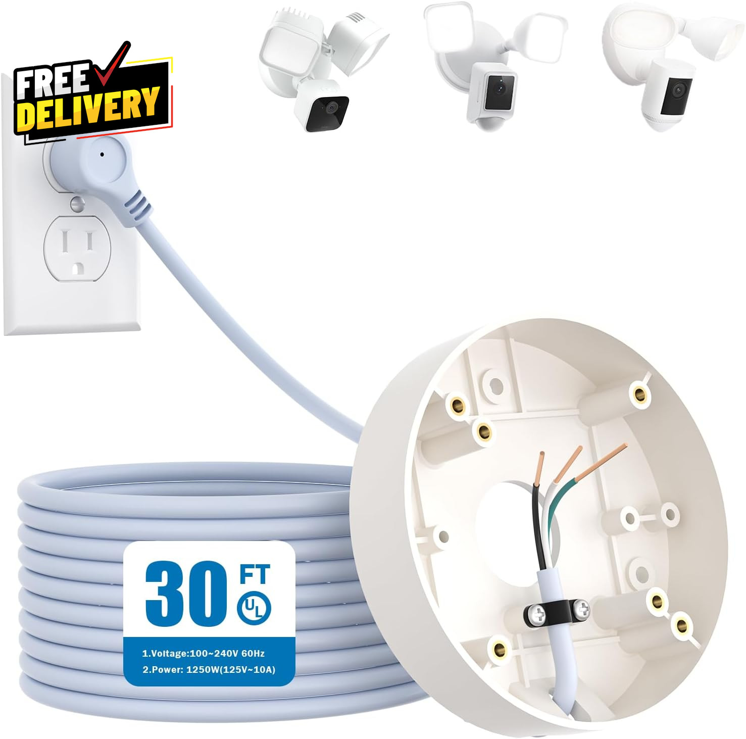 Plug-In Mount for Floodlight Cam w 30ft Weatherproof Power Cable Cord Kit