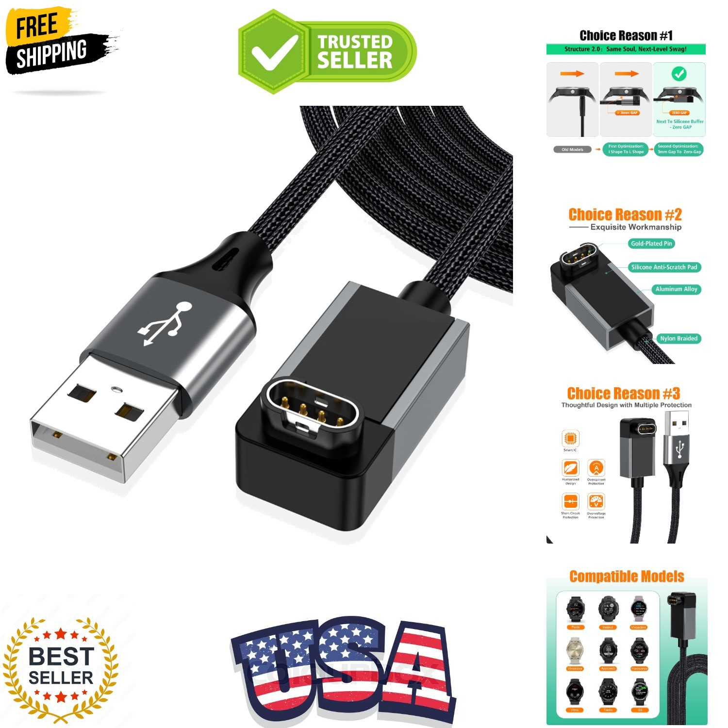 1.5ft Charger for Garmin Watch, L-Shape Zero Gap Charging Cable for Fenix, Fo...