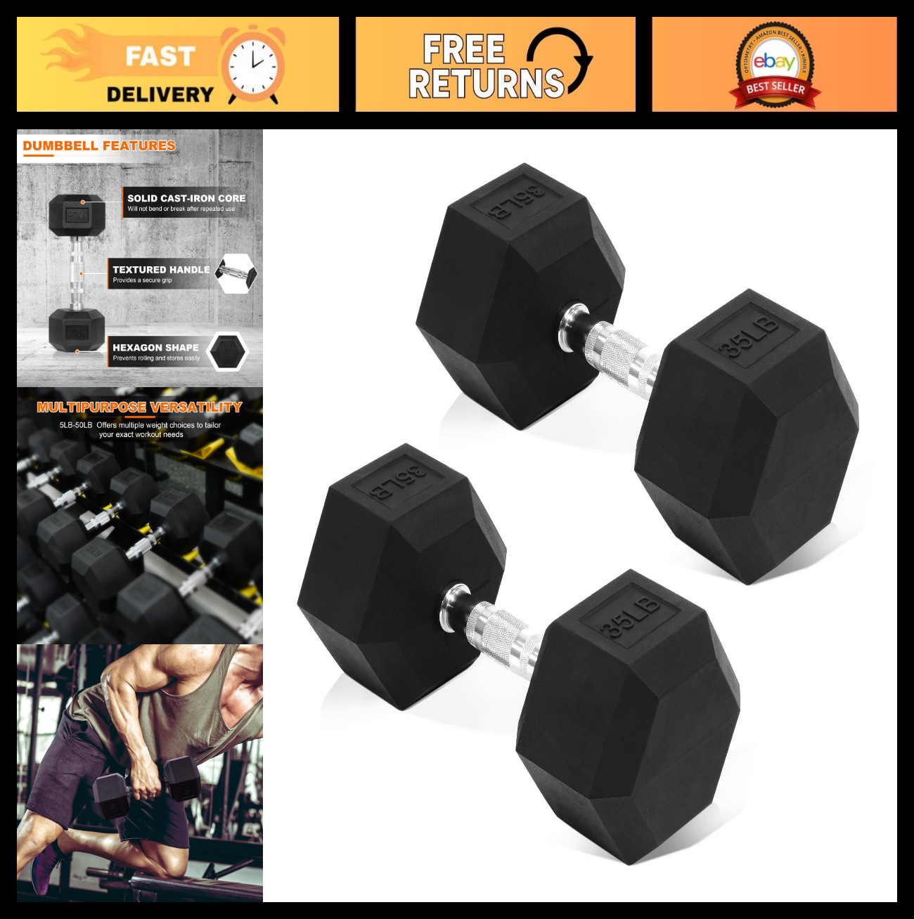 Rubber Coated Hex Dumbbells Hand Weights for Home Gym Fitness - 5-50 LB Pair