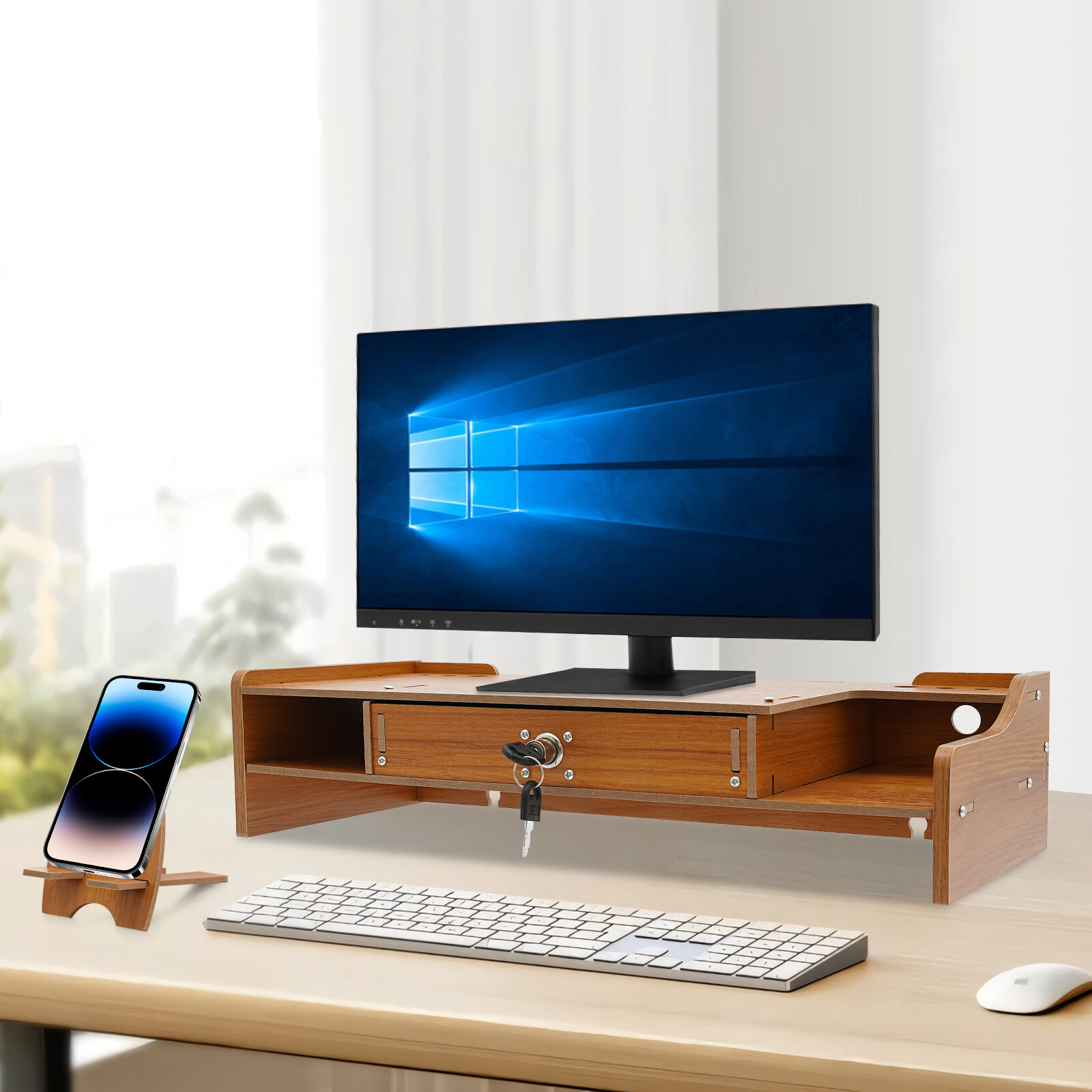 Monitor Stand Riser, Computer Laptop Riser Shelf with Lockable Organizer Drawers