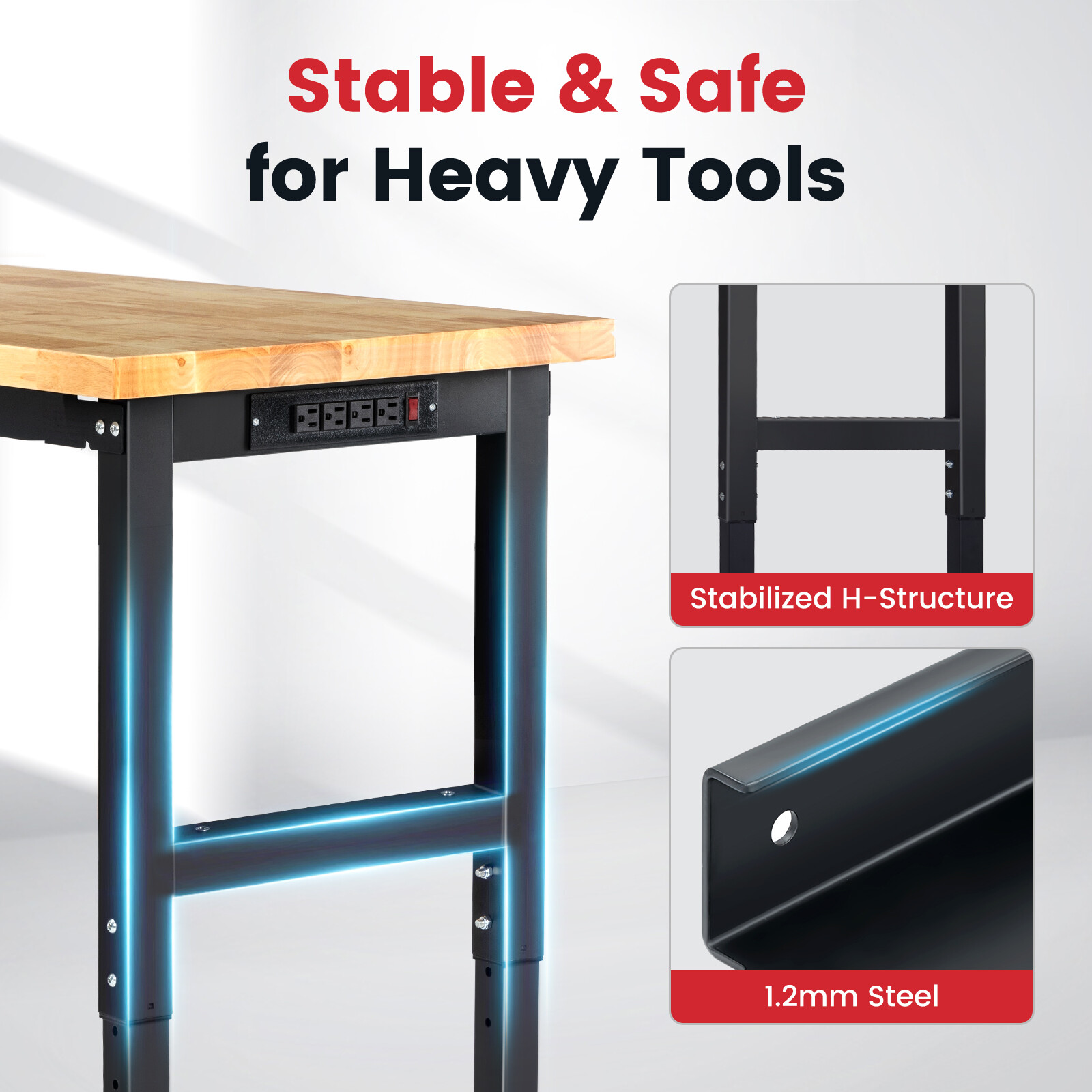 Adjustable Workbench 48'' 2000 Lbs Heavy-Duty Work Benches with Power Outlets