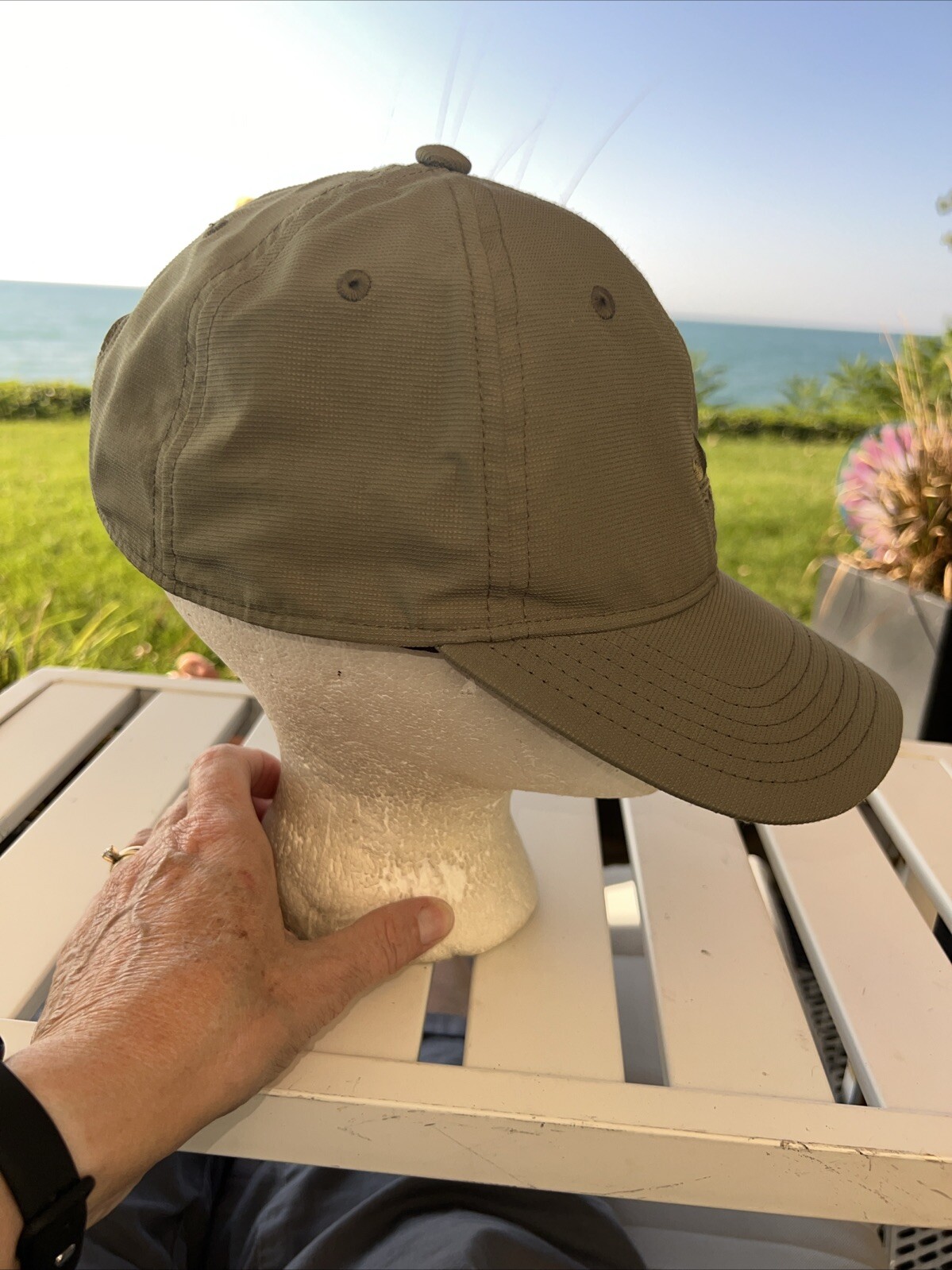 Adidas Logo on Front of Light Olive Lite Wt Hat Cap Polyester Hook Loop EUC
