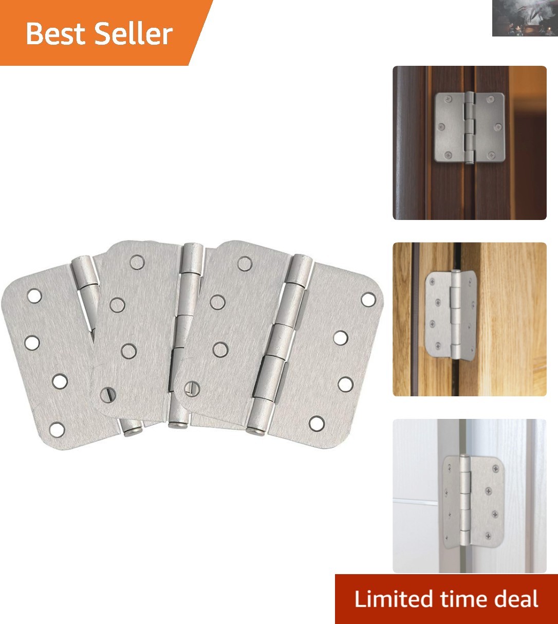 3-Pack 4-Inch Radius Heavy-Duty Steel Hinges | Satin Nickel Finish, 50 lbs