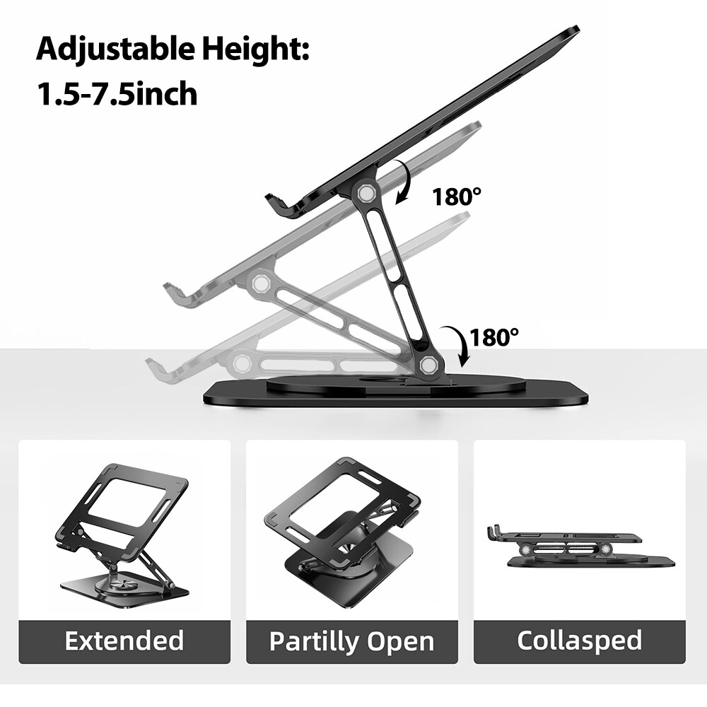 Ergonomic Foldable Laptop Riser Holder Stand Adjustable w/ 360° Rotating Bracket