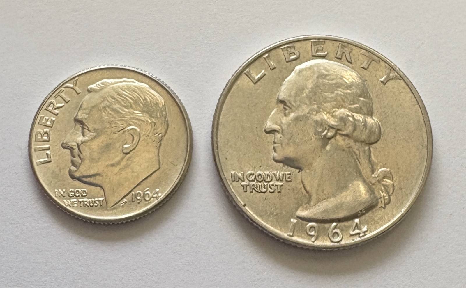 Lot Set of 2: 1964-P 90% Silver Washington Quarter & Roosevelt Dime High Grade