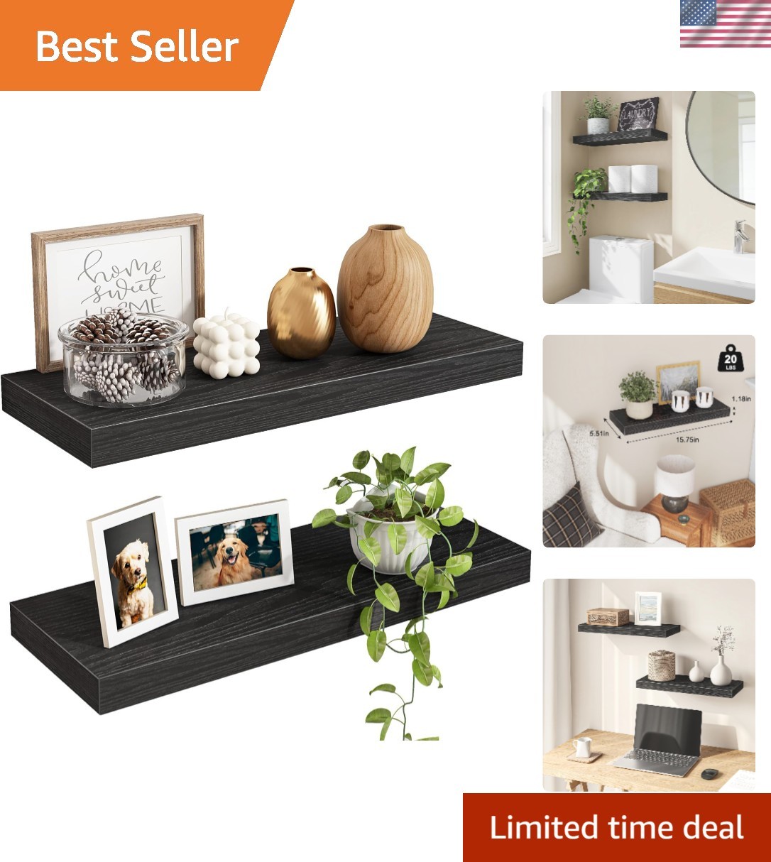 Elegant Set of 2 Wall-Mounted Floating Shelves, 15.7” Black Wood Design