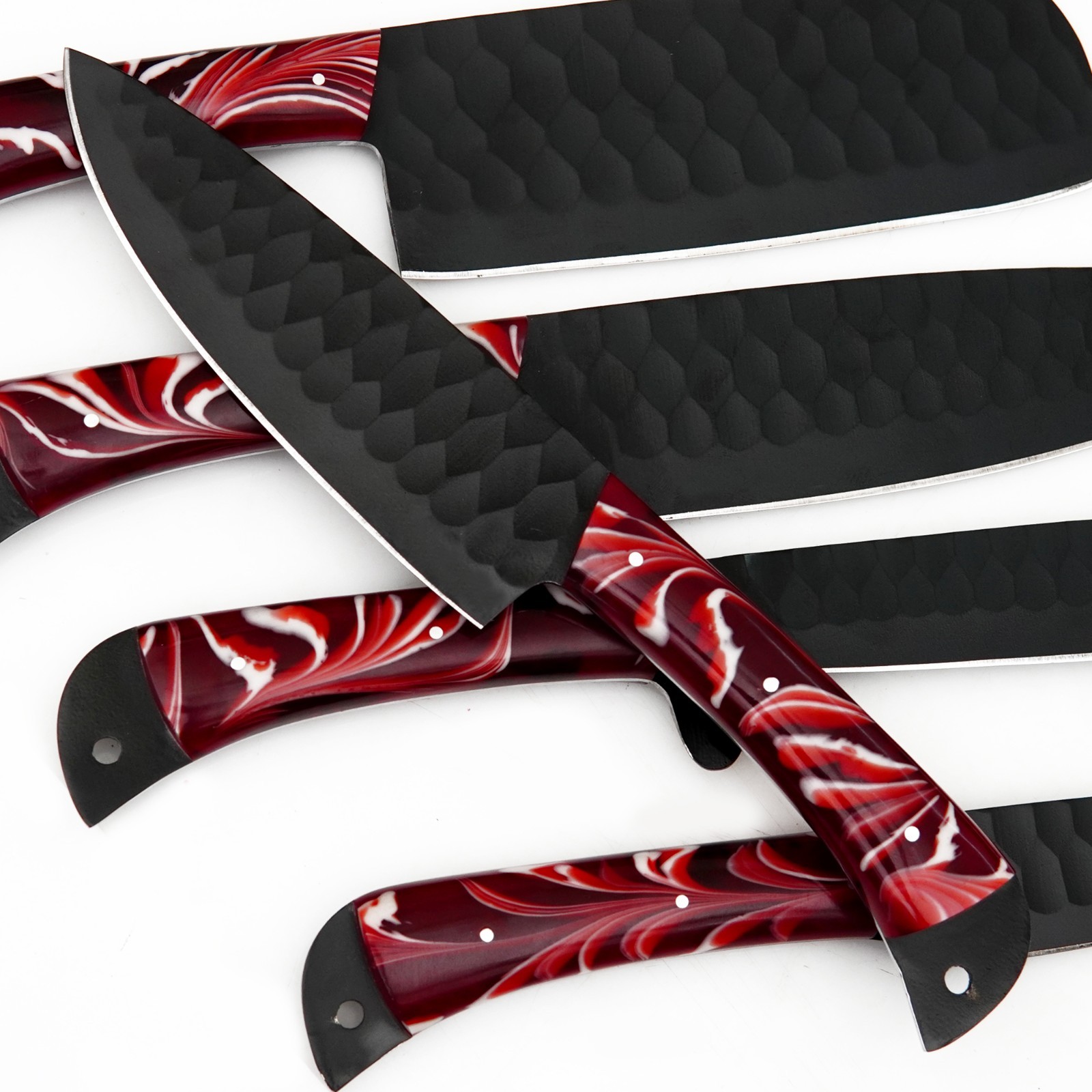 CUSTOM HANDMADE D2 HAMMERED PATTERN 5 PIECES CHEF SET WITH LEATHER CARRYING BAG