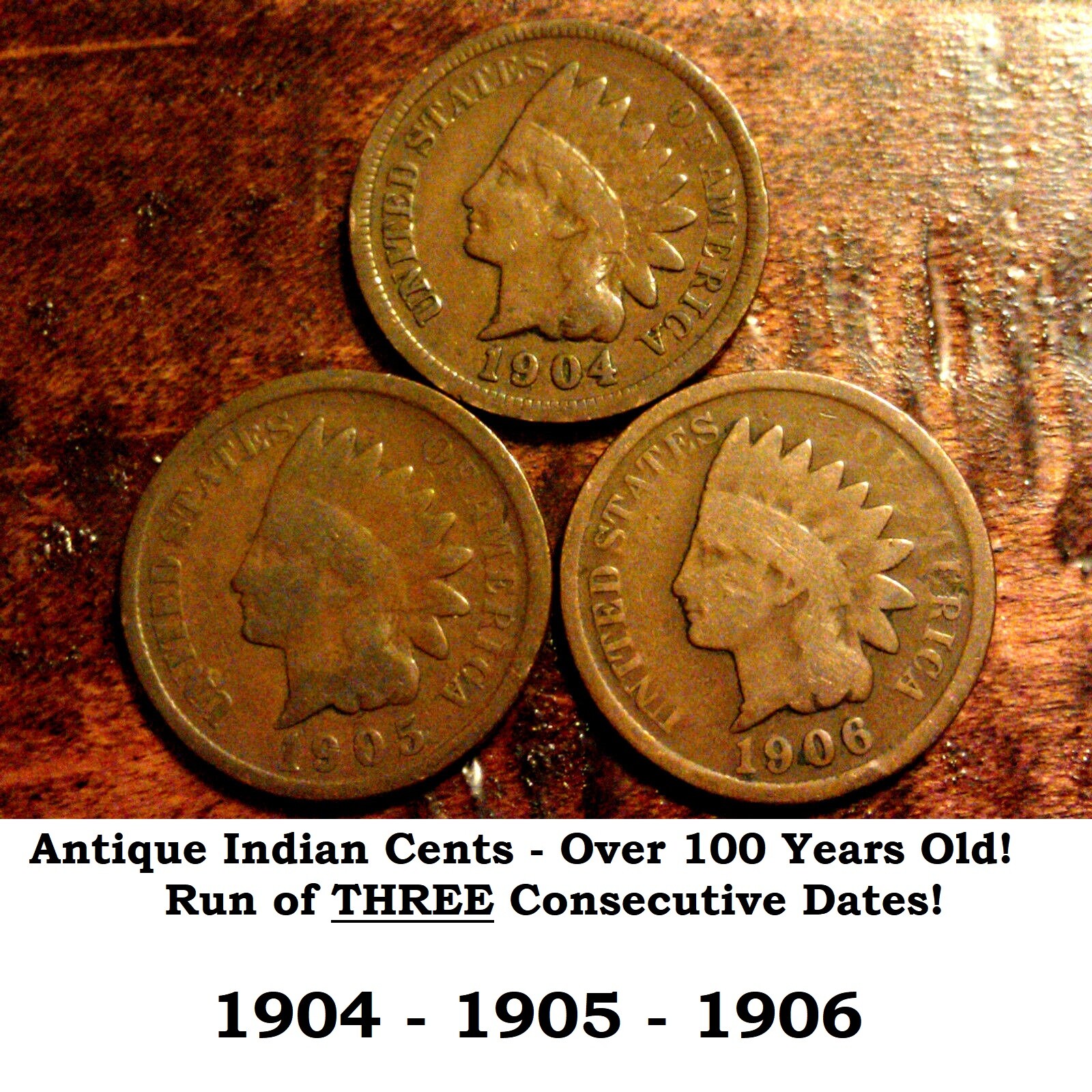Lot run of 3 THREE Indian Head Cents 1904 1905 1906 Old US Antique Coins Set 10