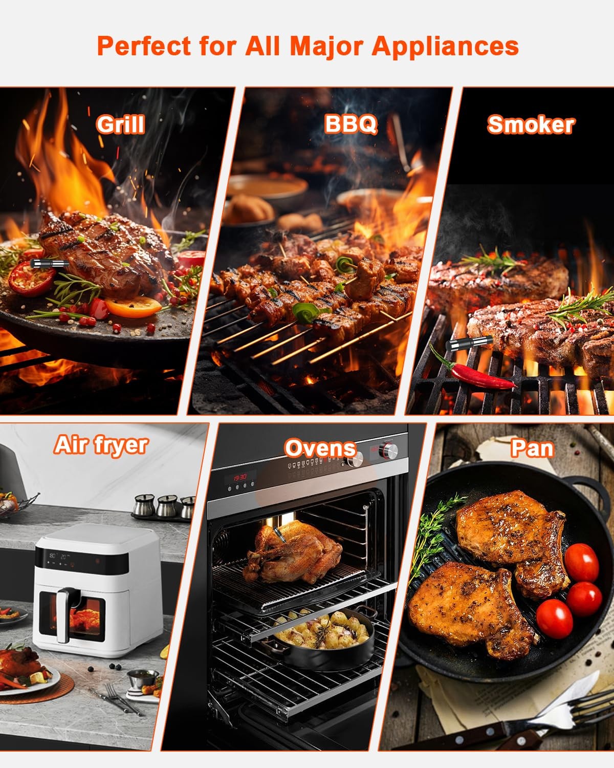 Wireless Meat Thermometer with Smart Timer & APP Control, 800ft Bluetooth Gri
