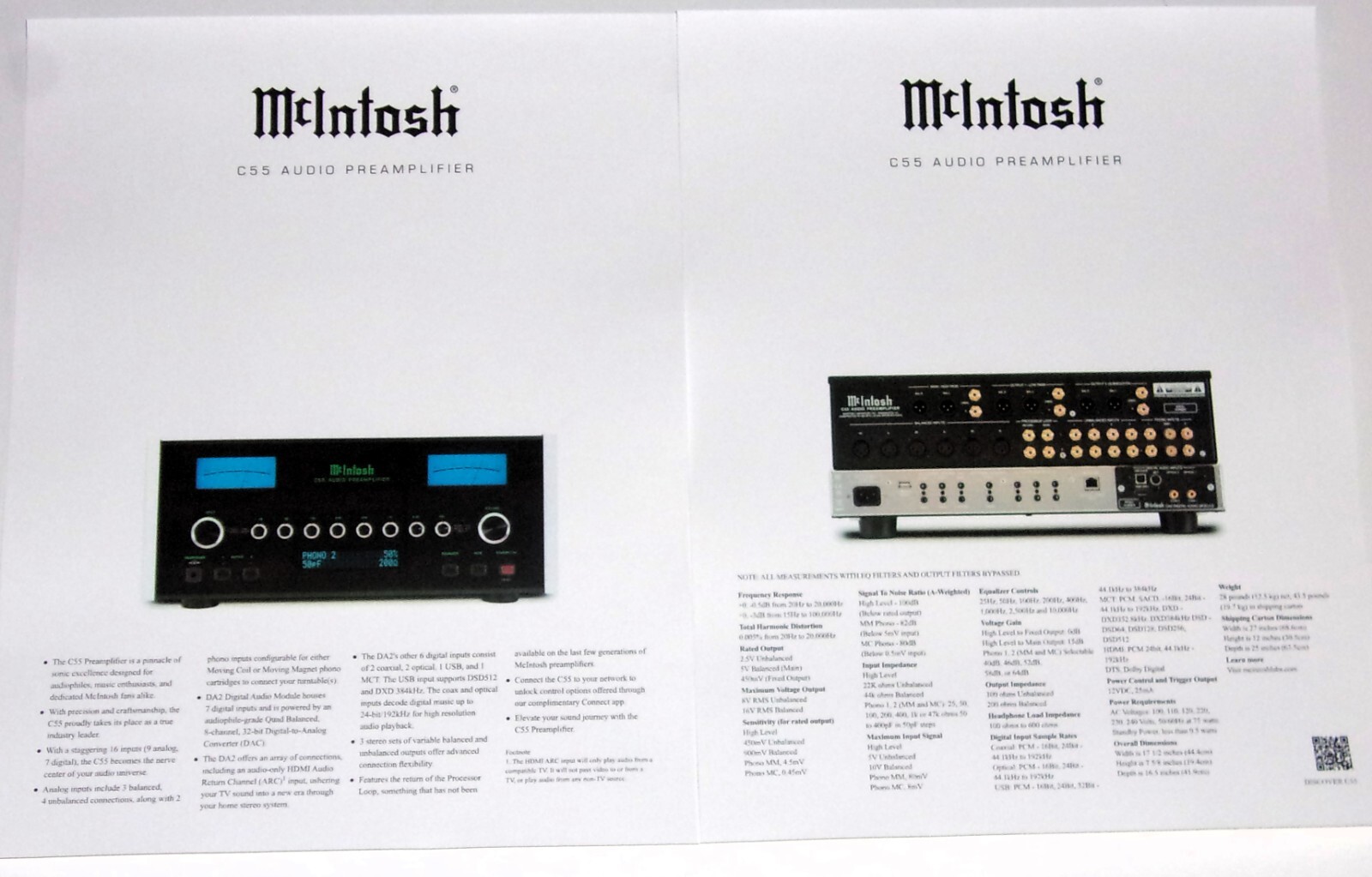 McIntosh C55 Preamplifier Brochure, 2 pages, Specs, Articles, Info, C53,C52,C50