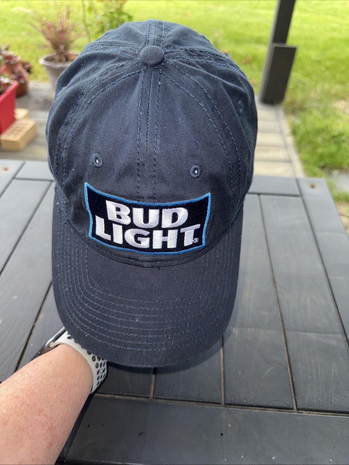 Bud Light White/ Brite Blue Outlined Patch on Navy Cotton Hat Cap Hook Loop