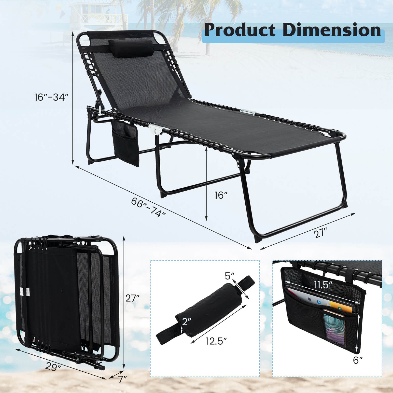 Oversize Folding Chaise Lounge w/ Adjustable Backrest Detachable Pillow & Pocket