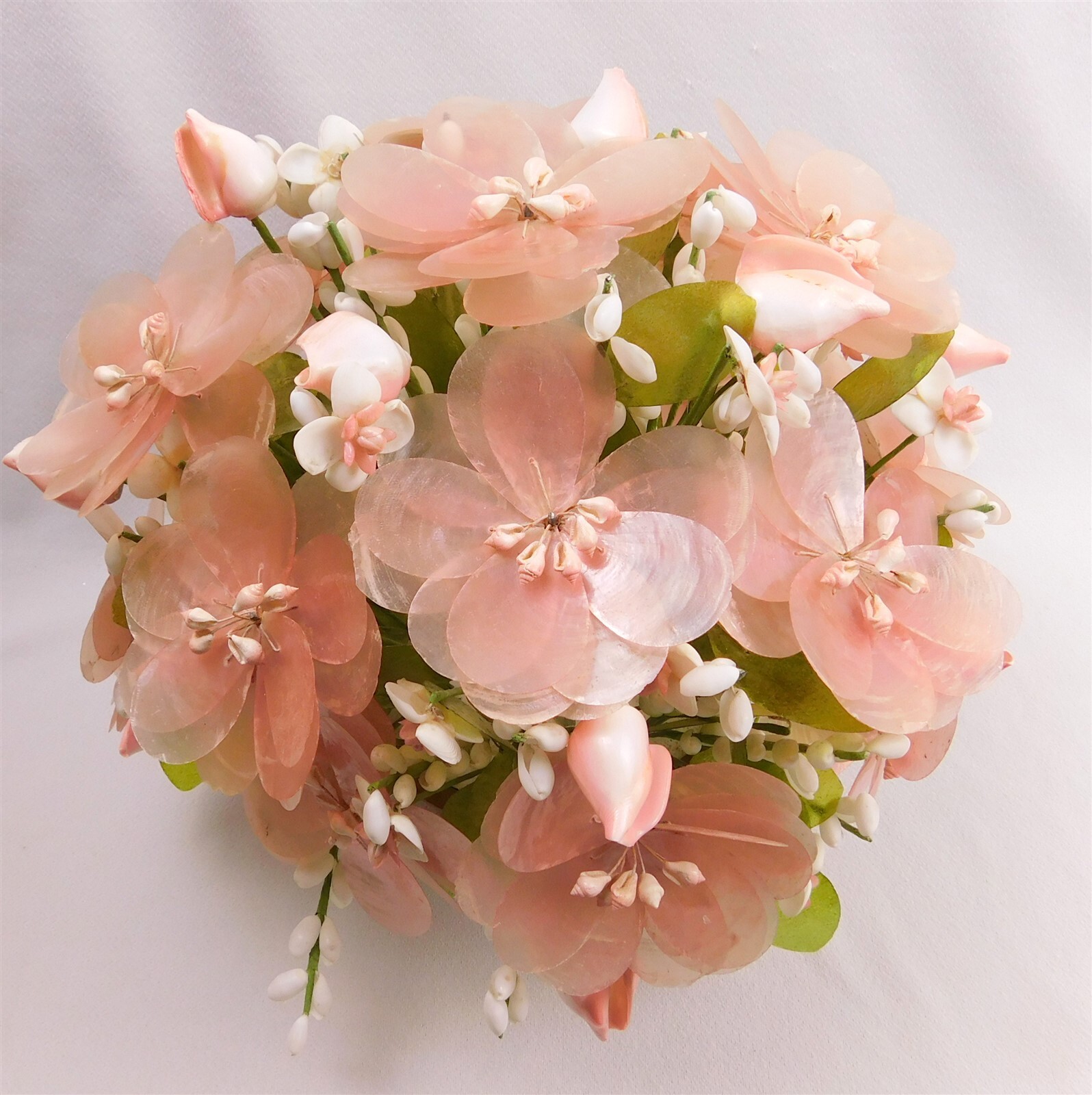 Vintage Capiz Shell Pink Accent Flower Bouquet in Wood Planter HAWAII