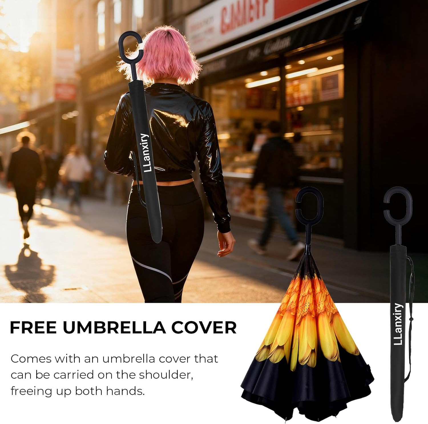 Windproof Inverted Umbrella, Large Reverse Umbrellas for Rain with C-Shaped Hand