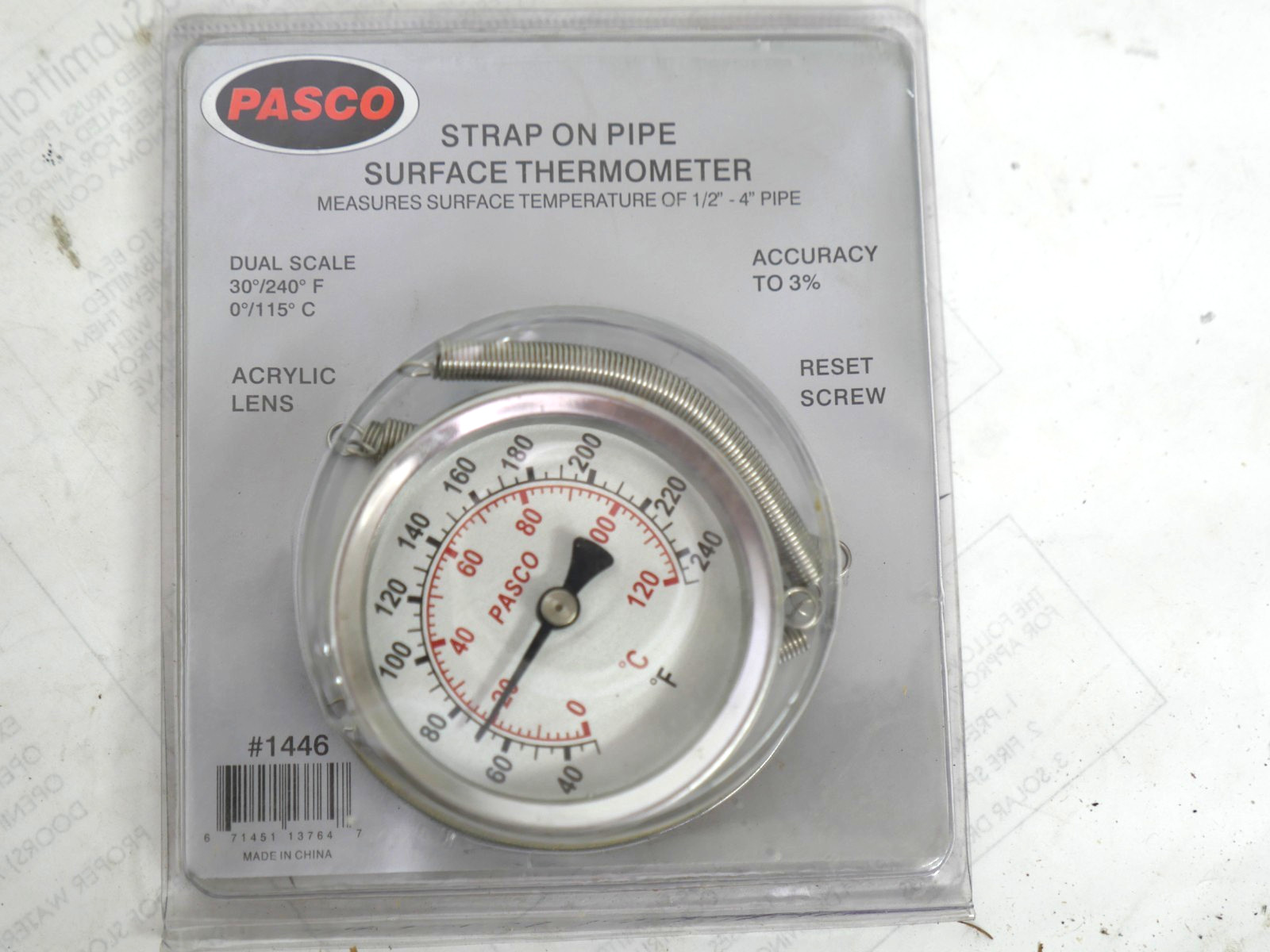 PASCO 1446 2-1/2 DIAL STRAP ONTO PIPE 30 to 240F  THERMOMETER. NEW SURFACE MOUNT