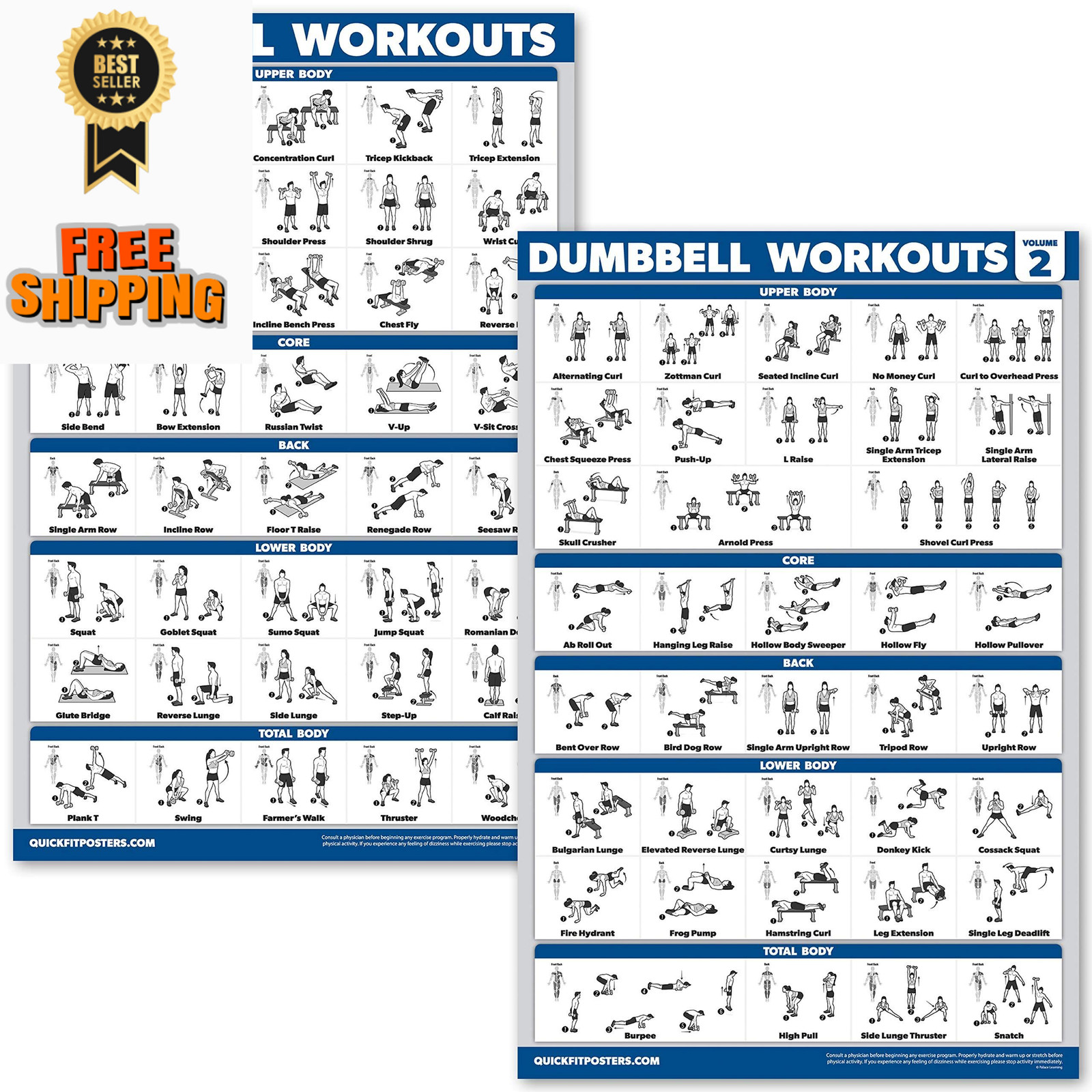 QuickFit 2 Pack Dumbbell Workout Exercise Poster - 18" x 24", LAMINATED