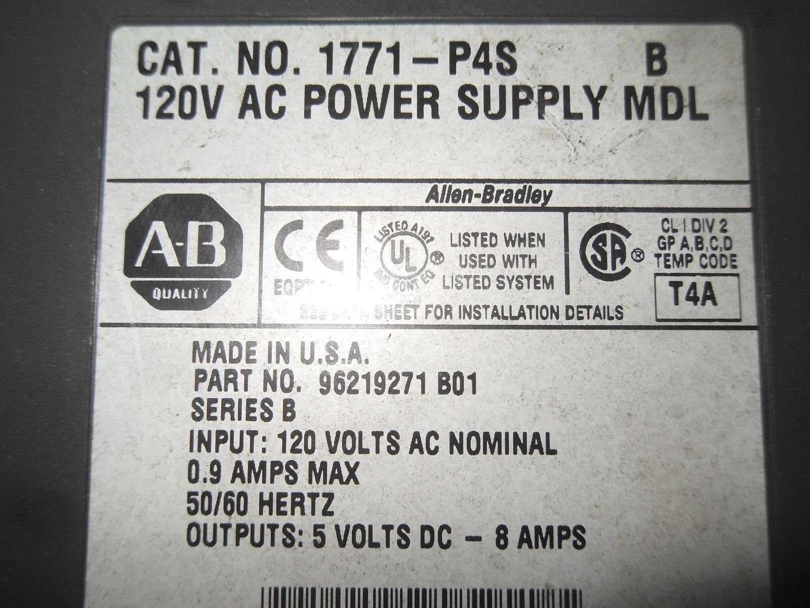1 Allen-Bradley 1771-P4S B AC POWER SUPPLY MODULE