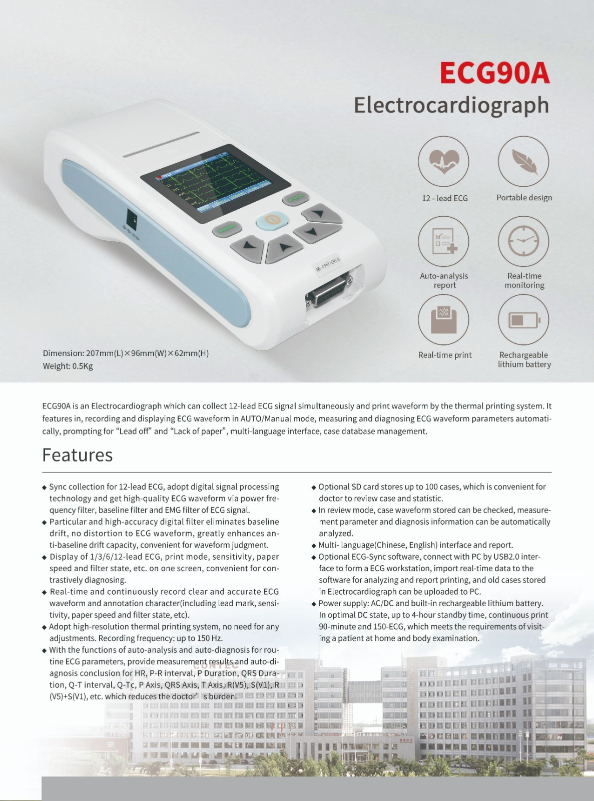 12 Lead ECG90A EKG Machine Single Channel Touch Screen w/ Printer & Bag