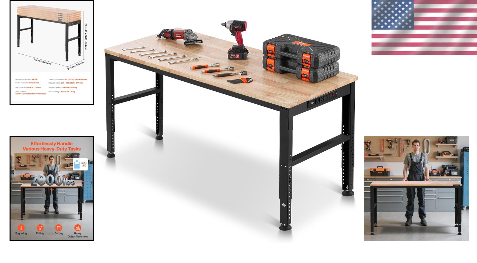 Sturdy 2000 lbs Capacity Workbench – 61 x 20-inch Height Adjustable with Outlets