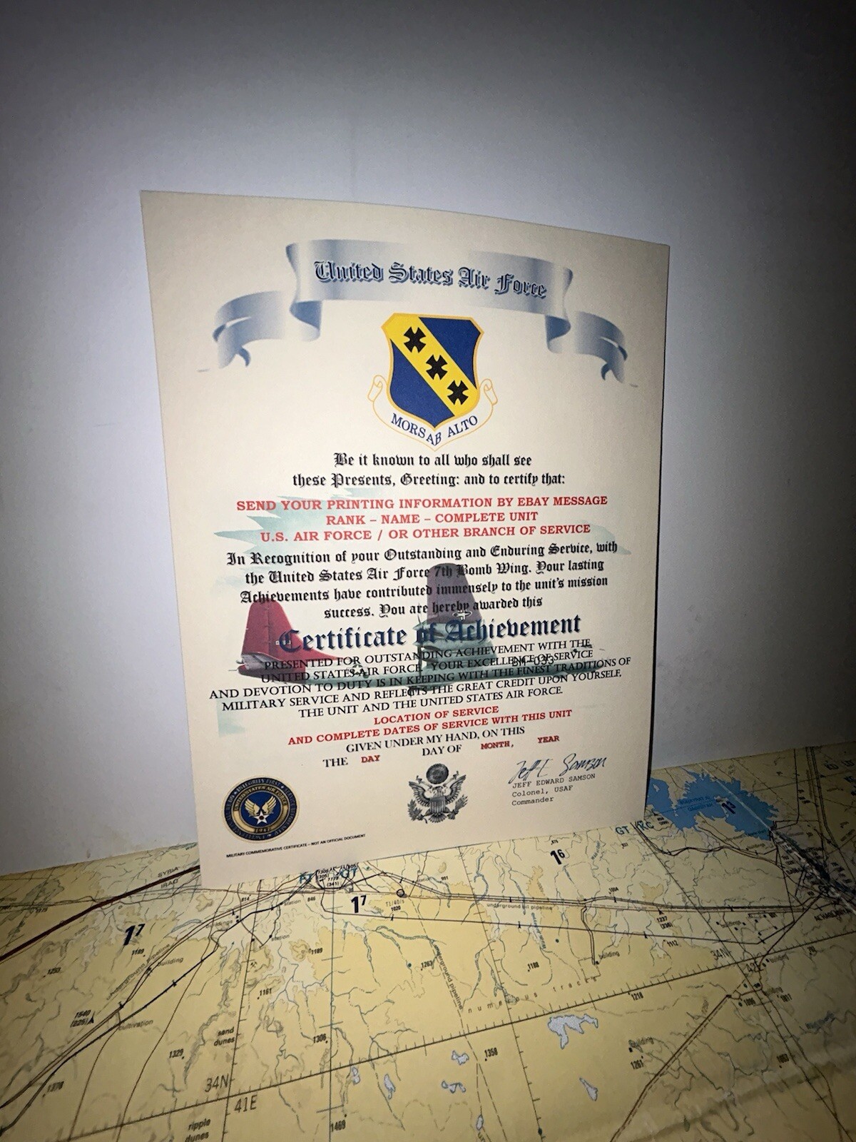 U.S.A.F. / AIR FORCE 7TH BOMB WING - CERTIFICATE OF ACHIEVEMENT