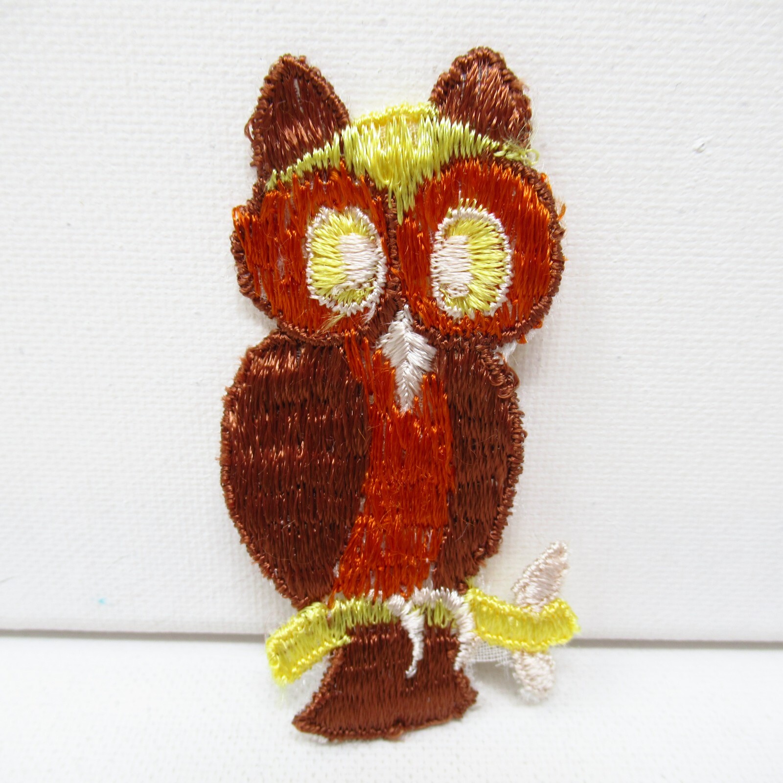 Owl Patch Vintage Embroidered Brown Yellow Orange Cream Bird Perched Sew On