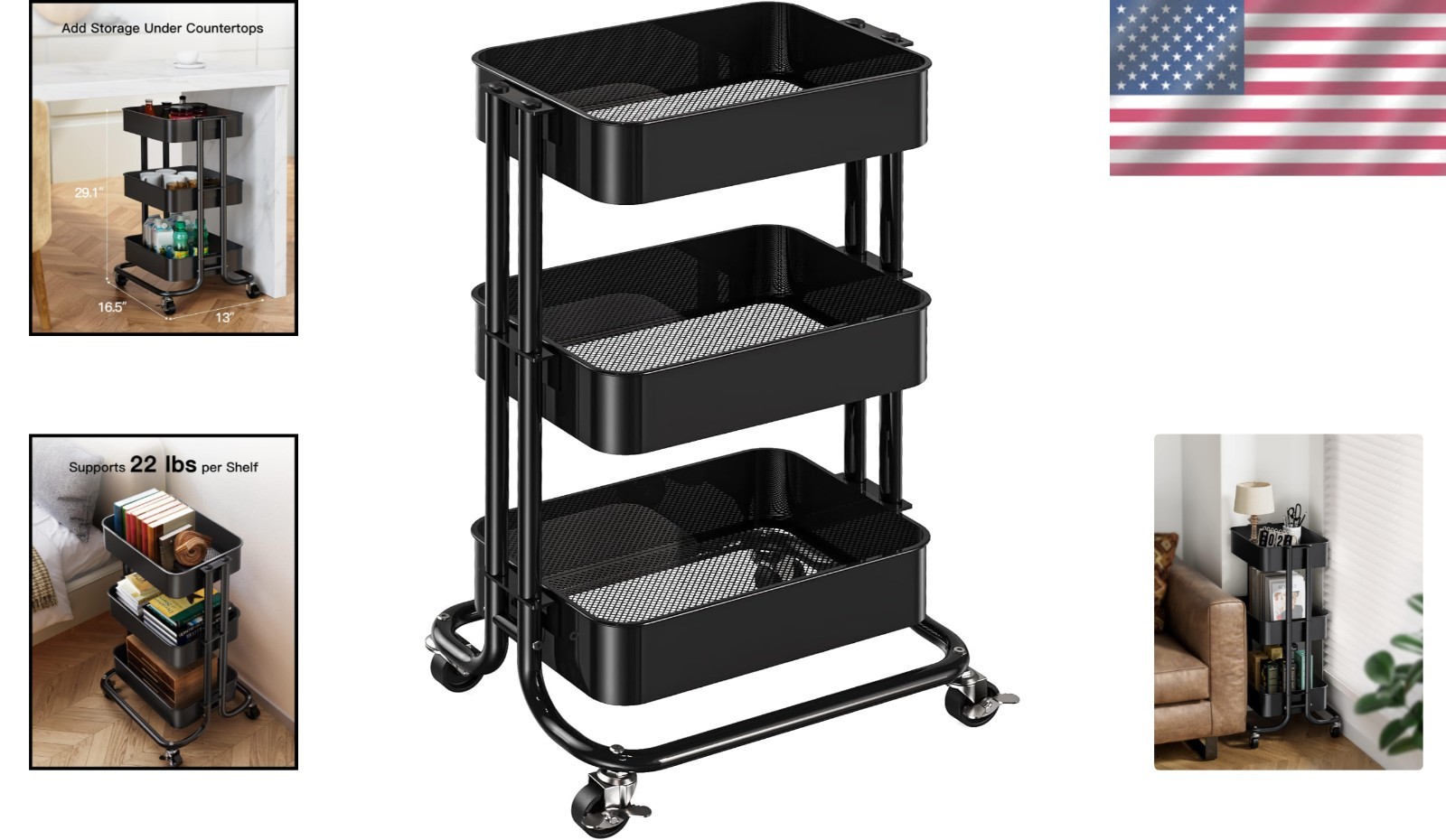 Compact 3-Tier Rolling Utility Cart - Metal & Mesh Design with Lockable Wheels