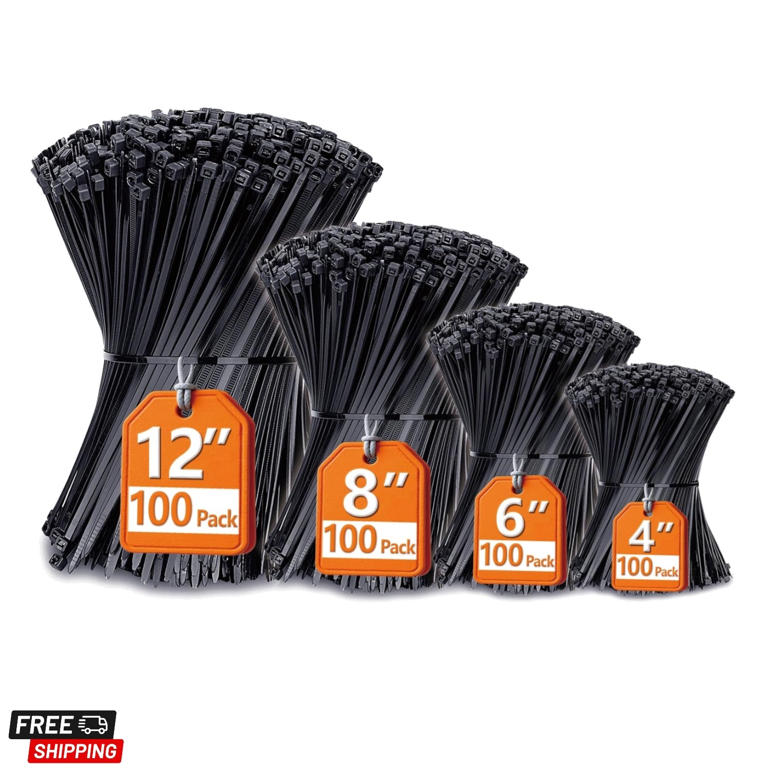 Zip Ties Assorted Sizes4”+6”+8”+12”, 400 Pack, Black Cable Ties, UV Resistant...