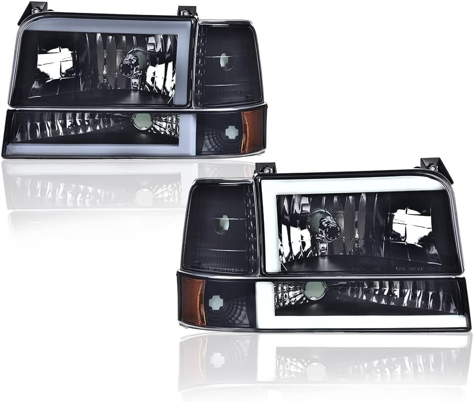 LED DRL Headlights 92-1997 Ford Bronco F150 F250 F350 Smoky Black Amber Lamps