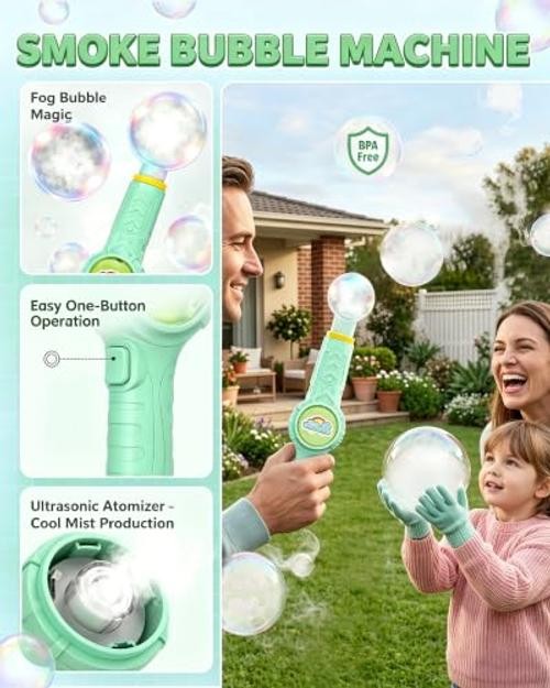 Fog Bubble Machine, Smoke Bubble Wand Machine Rechargeable with Lights & Green