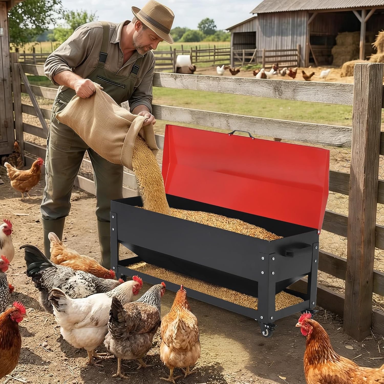 120LB Large Metal Chicken Feeder 4-Port Auto Poultry Feeder with Brake Casters