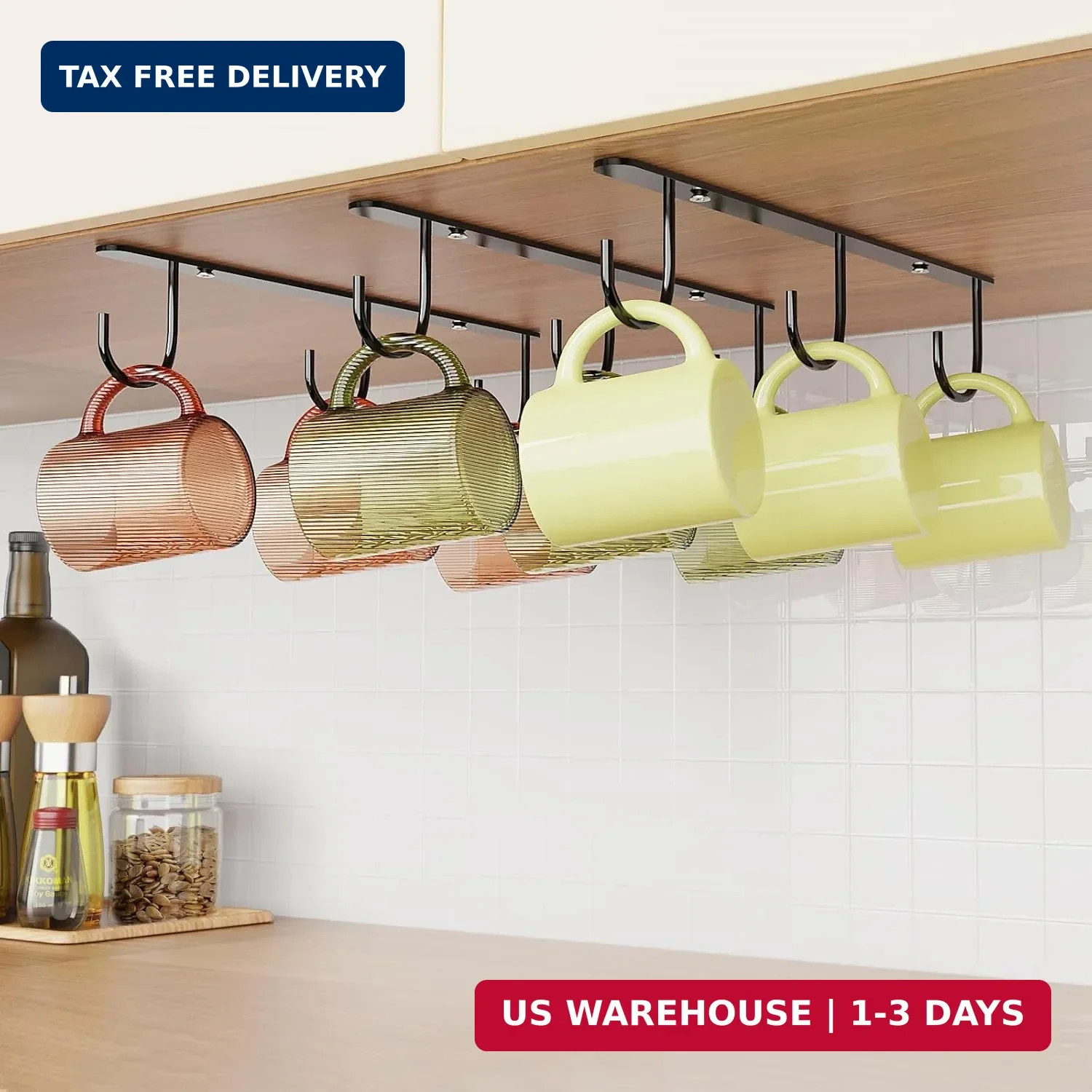 3 Pack Mug Hooks Under Cabinet, Coffee Mug Holder for Hanging Under Shelf, Cup H